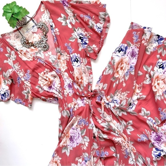Auguste The Label Pascal Muse Floral Wrap Maxi Dress Pink Peach Short Sleeve 8 - Picture 2 of 16